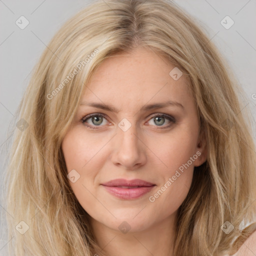 Joyful white young-adult female with medium  brown hair and blue eyes