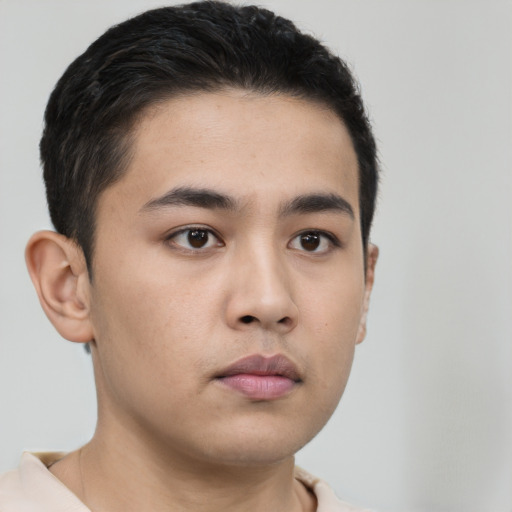 Neutral white young-adult male with short  black hair and brown eyes