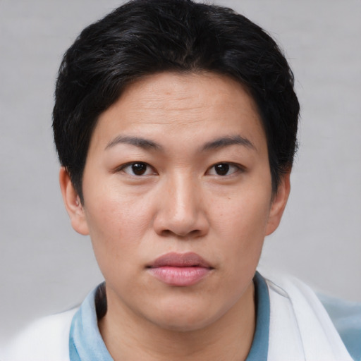 Joyful asian young-adult female with short  brown hair and brown eyes