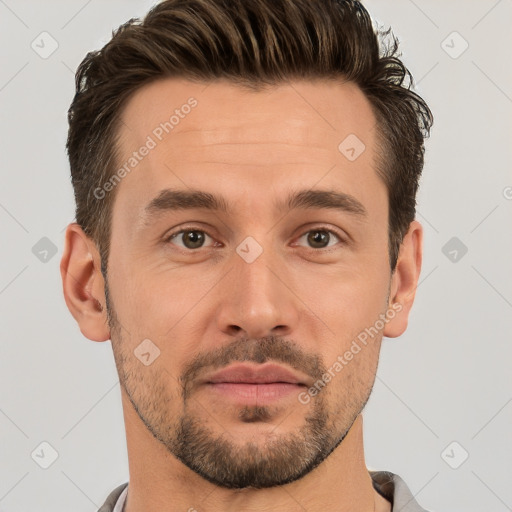 Joyful white young-adult male with short  brown hair and brown eyes