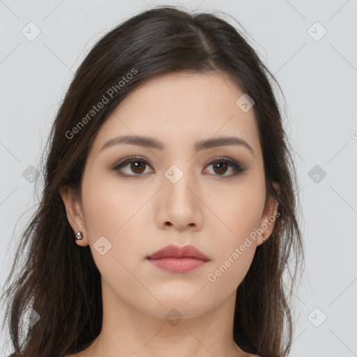 Neutral asian young-adult female with long  brown hair and brown eyes