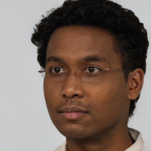 Neutral black young-adult male with short  black hair and brown eyes