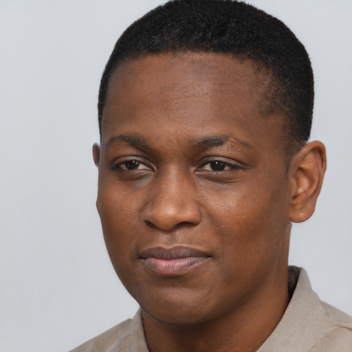 Joyful black young-adult male with short  brown hair and brown eyes