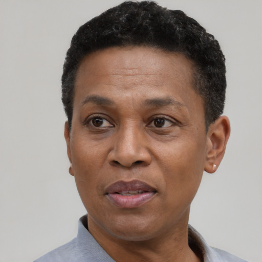 Joyful black adult male with short  black hair and brown eyes