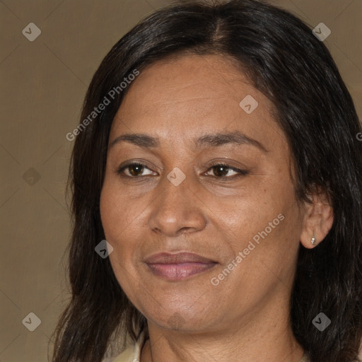 Joyful asian adult female with medium  brown hair and brown eyes