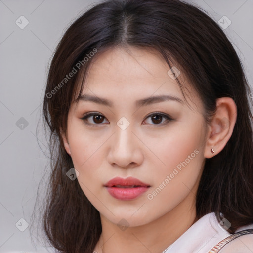 Neutral white young-adult female with medium  brown hair and brown eyes