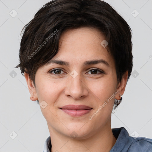 Joyful white young-adult female with short  brown hair and brown eyes