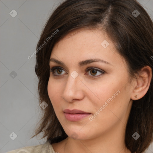 Neutral white young-adult female with medium  brown hair and brown eyes