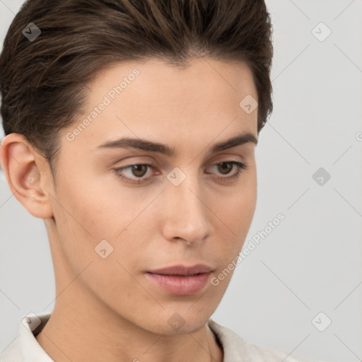Neutral white young-adult female with short  brown hair and brown eyes