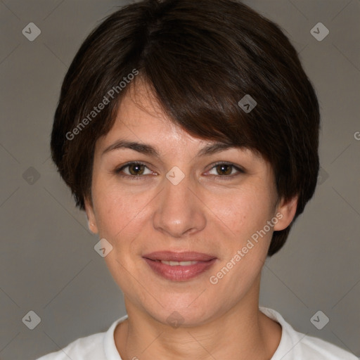 Joyful white young-adult female with short  brown hair and brown eyes