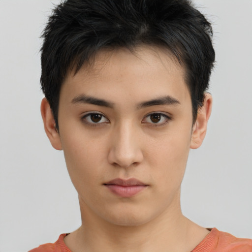 Neutral asian young-adult female with short  brown hair and brown eyes