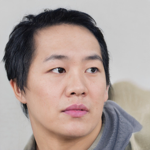 Neutral asian adult male with short  black hair and brown eyes