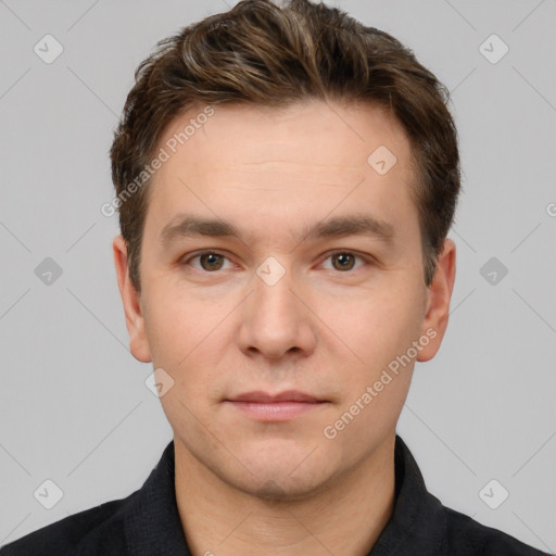 Neutral white young-adult male with short  brown hair and brown eyes