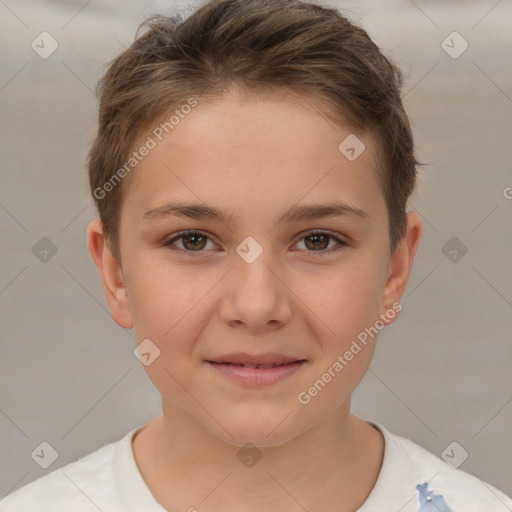 Joyful white child female with short  brown hair and brown eyes