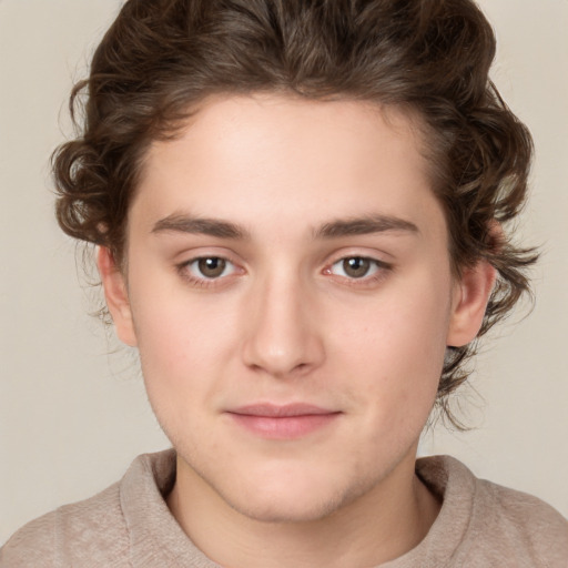 Joyful white young-adult male with medium  brown hair and brown eyes