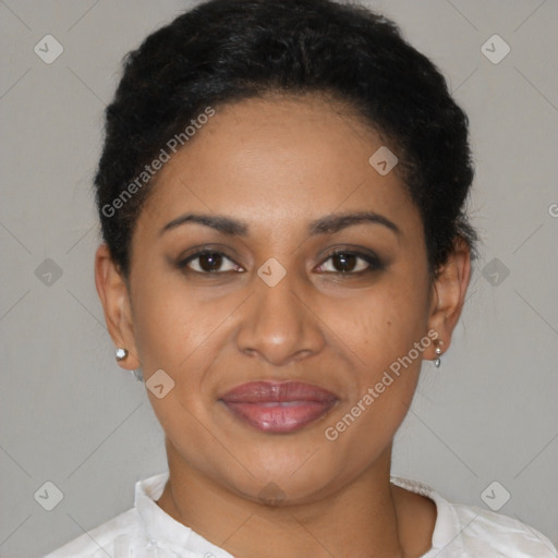 Joyful latino young-adult female with short  brown hair and brown eyes