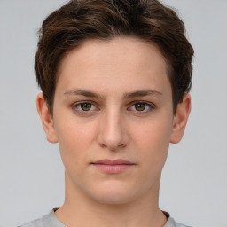 Neutral white young-adult female with short  brown hair and brown eyes