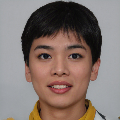 Joyful asian young-adult female with short  black hair and brown eyes