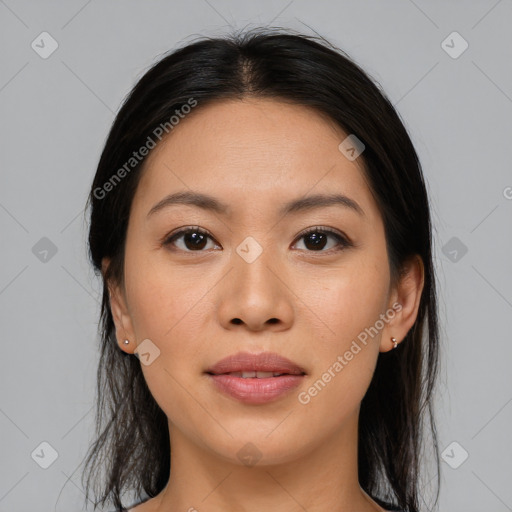 Joyful asian young-adult female with medium  brown hair and brown eyes