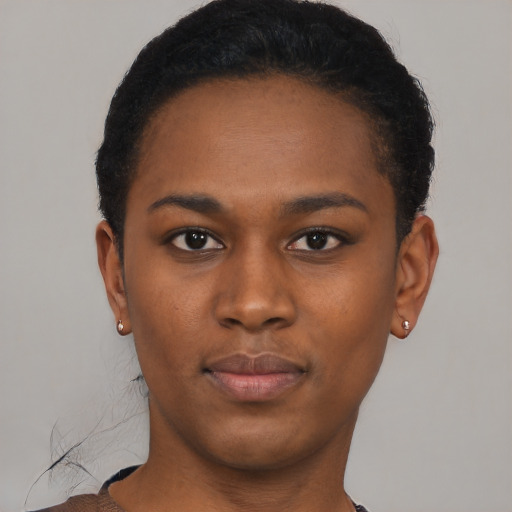Neutral black young-adult female with short  black hair and brown eyes