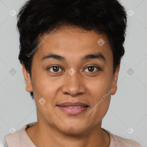 Joyful latino young-adult male with short  brown hair and brown eyes