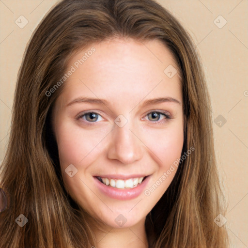 Joyful white young-adult female with long  brown hair and green eyes