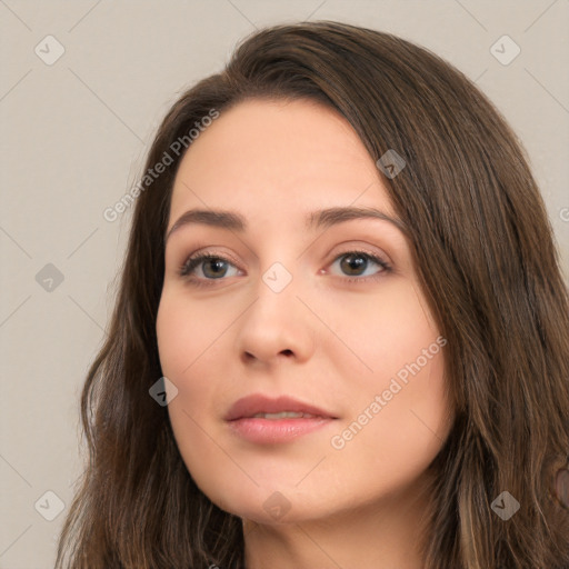 Neutral white young-adult female with long  brown hair and brown eyes