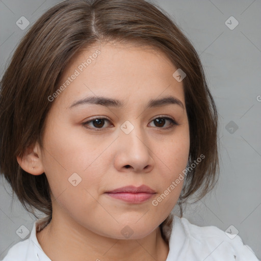 Neutral white young-adult female with medium  brown hair and brown eyes