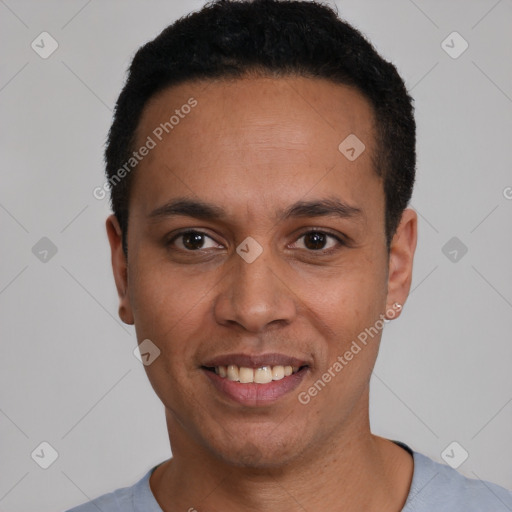 Joyful latino young-adult male with short  black hair and brown eyes