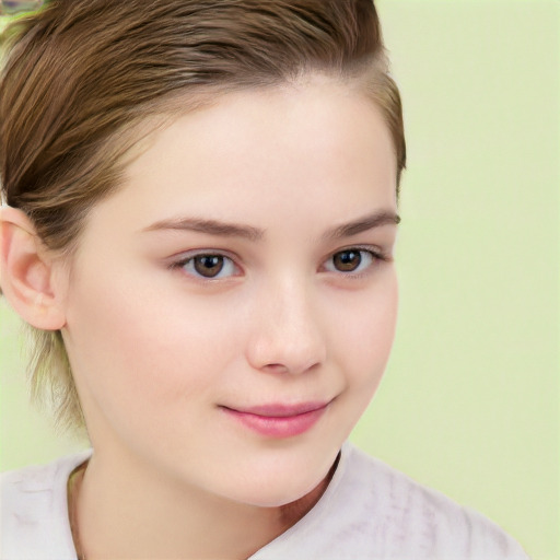 Joyful white child female with short  brown hair and brown eyes