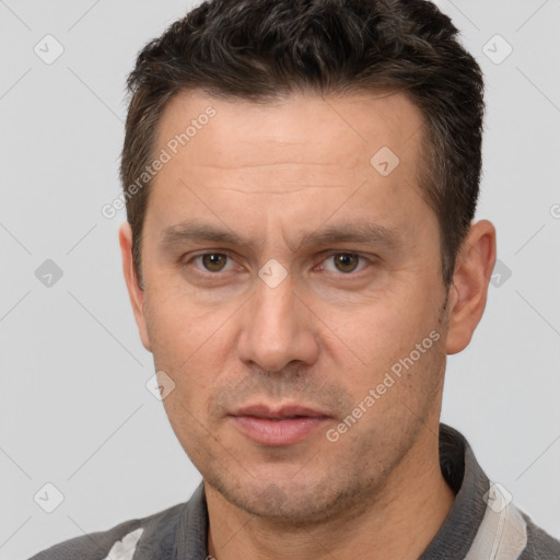 Neutral white adult male with short  brown hair and brown eyes