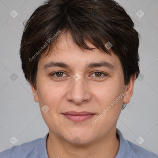 Joyful white young-adult female with medium  brown hair and brown eyes