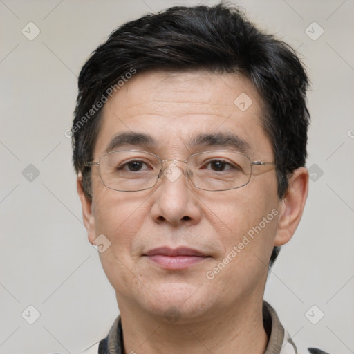 Joyful white adult male with short  black hair and brown eyes