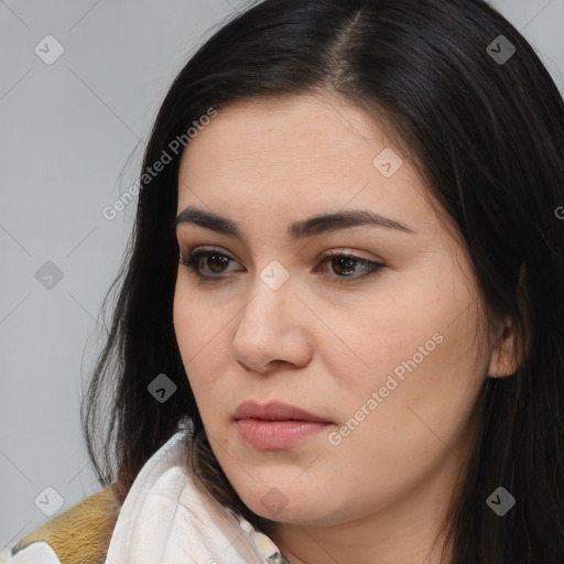 Neutral white young-adult female with long  brown hair and brown eyes