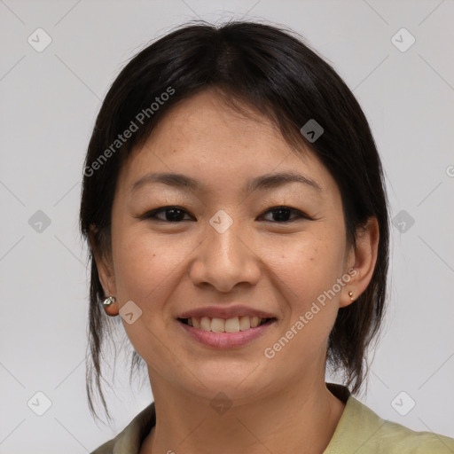 Joyful white young-adult female with medium  brown hair and brown eyes