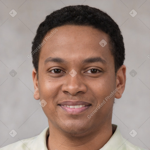 Joyful latino young-adult male with short  brown hair and brown eyes