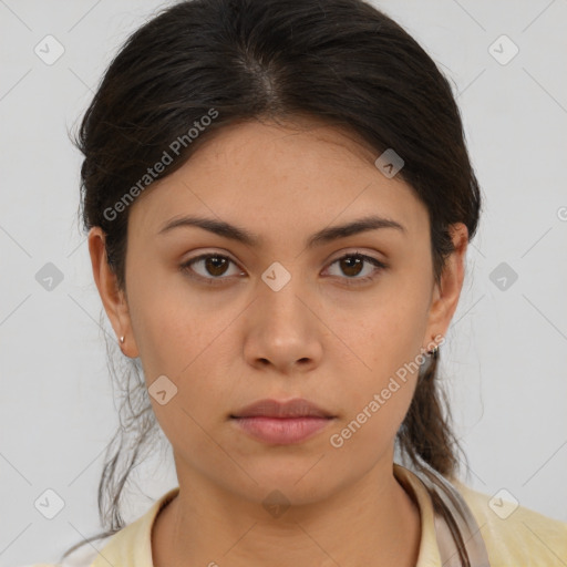 Neutral asian young-adult female with medium  brown hair and brown eyes