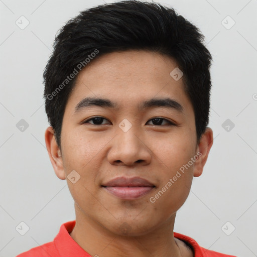 Joyful asian young-adult male with short  black hair and brown eyes