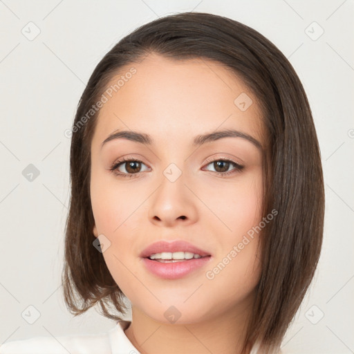 Neutral white young-adult female with medium  brown hair and brown eyes