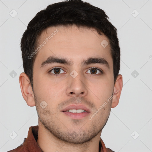 Neutral white young-adult male with short  brown hair and brown eyes