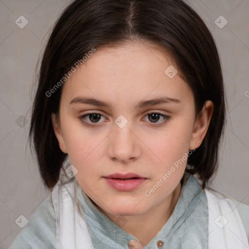 Neutral white young-adult female with medium  brown hair and brown eyes