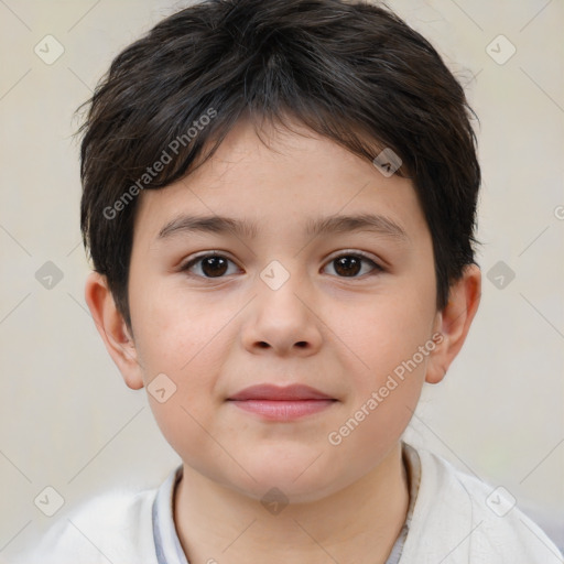 Joyful white child female with short  brown hair and brown eyes