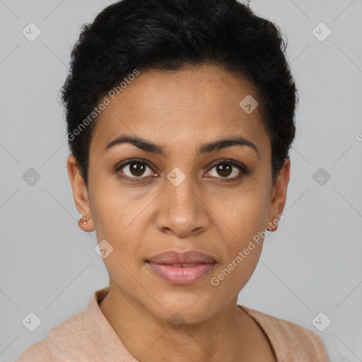 Joyful latino young-adult female with short  black hair and brown eyes