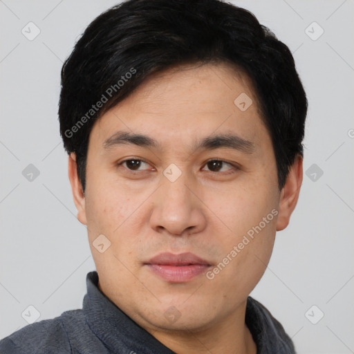 Neutral asian young-adult male with short  black hair and brown eyes