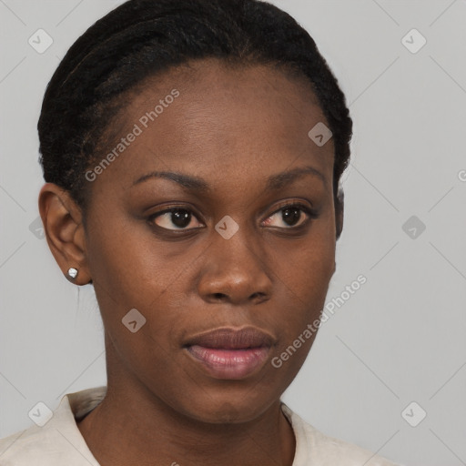 Neutral black young-adult female with short  brown hair and brown eyes