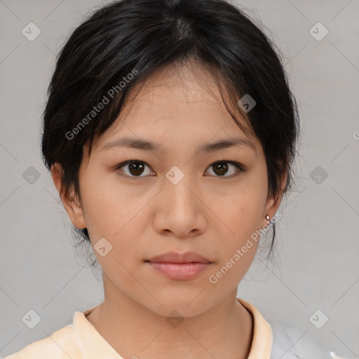 Neutral asian young-adult female with medium  brown hair and brown eyes