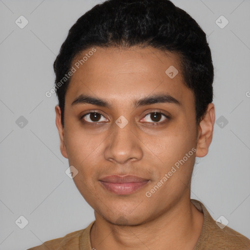 Neutral latino young-adult male with short  black hair and brown eyes