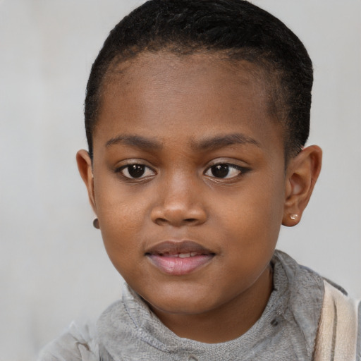 Joyful black child female with short  brown hair and brown eyes