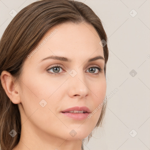 Neutral white young-adult female with long  brown hair and grey eyes