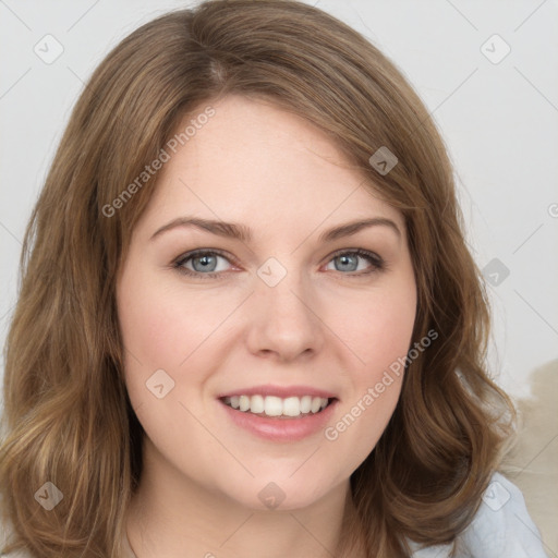 Joyful white young-adult female with medium  brown hair and green eyes